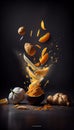 Group of Ginger Roots Vegetable Creatively Falling-Dripping Flying or Splashing on Black Background AI Generative