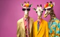Group of giraffe in funky Wacky wild mismatch colourful outfits isolated on bright background advertisement Royalty Free Stock Photo
