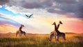 Group of giraffes and bird in the Serengeti National Park. Sunset cloudscape. African wild life Royalty Free Stock Photo