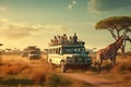 Group of giraffes and safari jeep in the savannah, AI Generated