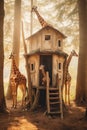 A group of giraffes standing in front of a tree house. Generative AI image.