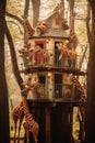 A group of giraffes standing in front of a tree house. Generative AI image.