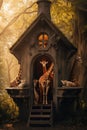 A group of giraffes standing outside of a small house. Generative AI image.