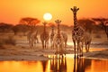 Group of Giraffes at sunset in Etosha National Park, Namibia, A herd of giraffes and zebras in Etosha National Park, Namibia, Royalty Free Stock Photo