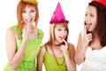 Group girl on birthday eat chocolate cake. Royalty Free Stock Photo