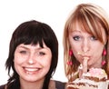 Group girl eating chocolate cake. Royalty Free Stock Photo