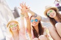 Group of girl friends having fun in the city Royalty Free Stock Photo