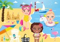 Group of girl kids having fun on beach. Child swimming with unicorn inflatable ring rubber vector