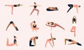 Group of girls doing yoga. Characters in different asanas