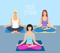 A group of girls doing yoga in the studio. women in lotus position. Meditating girl illustration. Yoga woman, meditation, anti-str Royalty Free Stock Photo