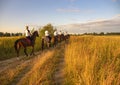 A group of girls on horses gallops through the meadows with their backs to the camera.