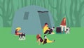 Group of girls sitting near tents with terrier dogs. Open air dog show attendants. Camping with pets. Flat style cartoon