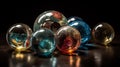 a group of glass balls sitting on top of a wooden table next to a black wall and a black background with a reflection of the Royalty Free Stock Photo