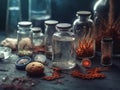 Group of glass cup and beakers for biological cultivation of viruses sitting on the table. AI generated Royalty Free Stock Photo