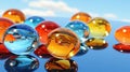 A group of glass marbles sitting on top of a table. Generative AI image. Royalty Free Stock Photo