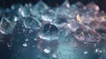 a group of glass pieces sitting on top of a metal table covered in raindrops and drops of water on a black surface with a dark Royalty Free Stock Photo