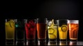 Group of glasses of fresh colored juice with fresh berries, fruits stand in row, black background. AI generated.