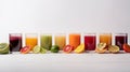 Group of glasses of fresh colored juice with fresh berries, fruits stand in row, white background. AI generated.