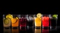 Group of glasses of fresh colored juice with fresh berries, fruits stand in row, black background. AI generated.