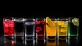 Group of glasses of fresh colored juice with fresh berries, fruits stand in row, black background. AI generated.