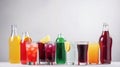 Group of glasses of fresh colored juice with fresh berries, fruits stand in row, white background. AI generated.