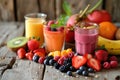 a group of glasses of fruit and juice