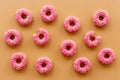 Group of glazed pink donutes. Sweet bakery background