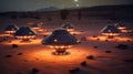 A group of glowing UFOs with lights touching down in a sandy landscape. Concept of alien visitation, desert mysteries