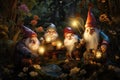 group of gnomes in a fairy forest with a beard and funny hats hold lanterns