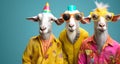 Group of goat in funky Wacky wild mismatch colourful outfits isolated on bright background advertisement Royalty Free Stock Photo