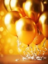 Group of gold balloons tied together with ribbons, hanging from ceiling. There are several balloons in various sizes