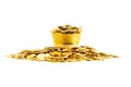 A group of gold coin full fill in golden ware bowl with beautiful emboss leaf pattern on surface