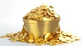 A group of gold coin full fill in golden ware bowl with beautiful leaf pattern stock photo Generative Ai