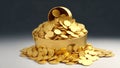 A group of gold coin full fill in golden ware bowl with beautiful leaf pattern stock photo Generative Ai