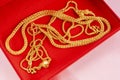 Group of gold necklaces in red velvet box