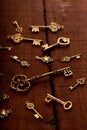 Group of Golden Antique Keys on an old Wood Background Royalty Free Stock Photo