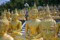 The Group of golden Buddha statues of Phu Salao temple in the Pakse city, Champasak Province, Southern Laos