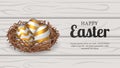 Group golden 3D egg decoration for easter party celebration on the nest with wood background