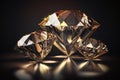 A group of golden diamonds on a glossy background with a soft focus effect. Ai