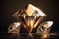 A group of golden diamonds on a glossy background with a soft focus effect. Ai