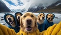a group of golden retriever dogs wearing pretty yellow and blue sweater generative AI