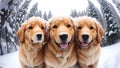 A group of golden retrievers take a selfie in the forest in winter. Generative AI