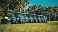Group of golf carts lined up and ready for Royalty Free Stock Photo