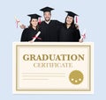 Group of grads in cap and gown with graduation certificate Royalty Free Stock Photo