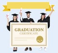 Group of grads in cap and gown with graduation certificate Royalty Free Stock Photo