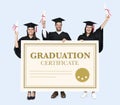 Group of grads in cap and gown with graduation certificate Royalty Free Stock Photo