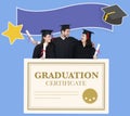 Group of grads in cap and gown with graduation certificate Royalty Free Stock Photo