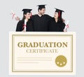 Group of grads in cap and gown with graduation certificate Royalty Free Stock Photo