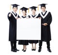 Group of graduate students presenting empty banner