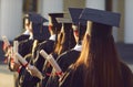 Group graduate.University graduates line up hold degree award in graduation ceremony rear view Royalty Free Stock Photo